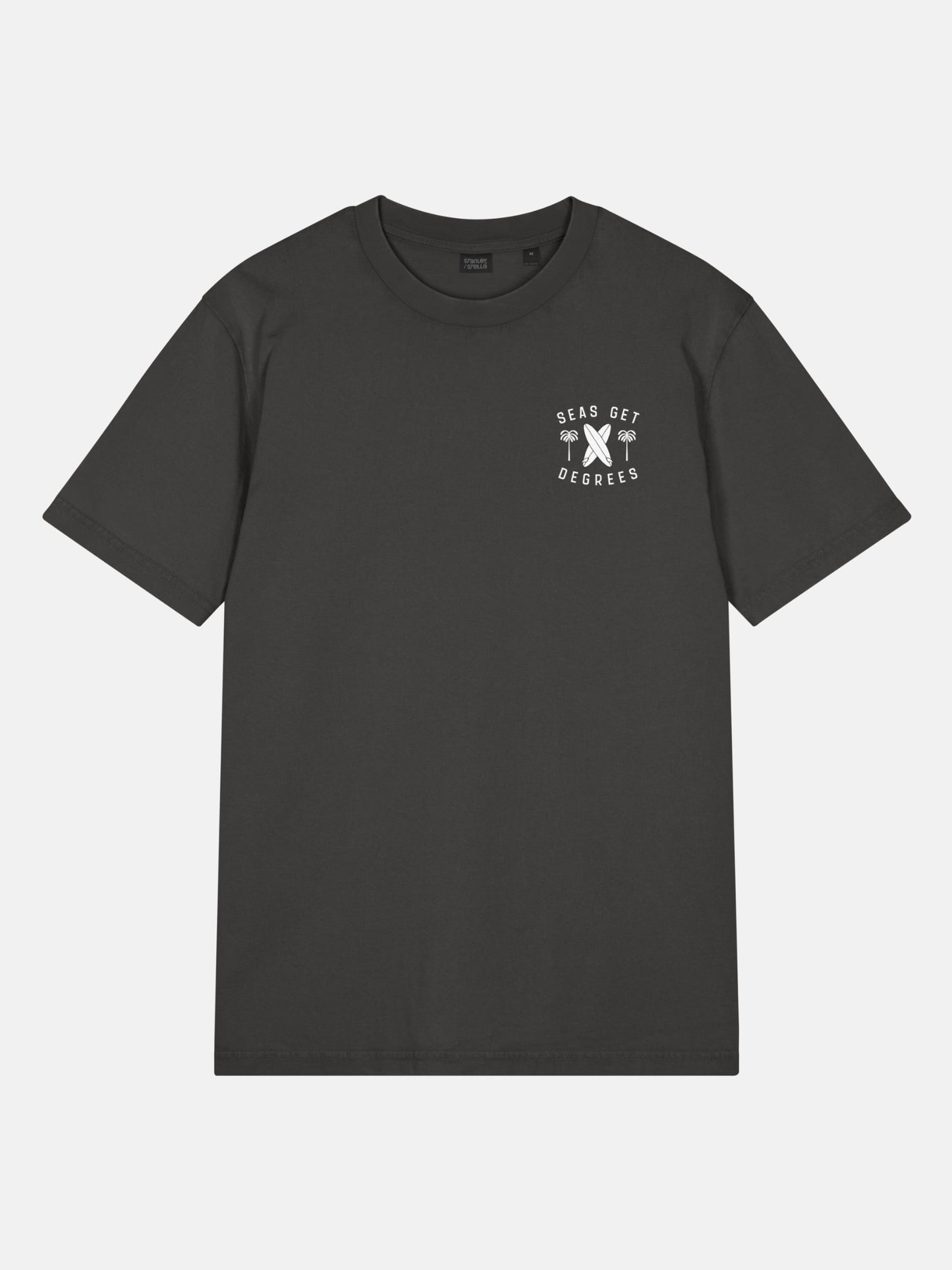 Retro Rider Tee front view in black rock — Seas Get Degrees coastal graphic tee
