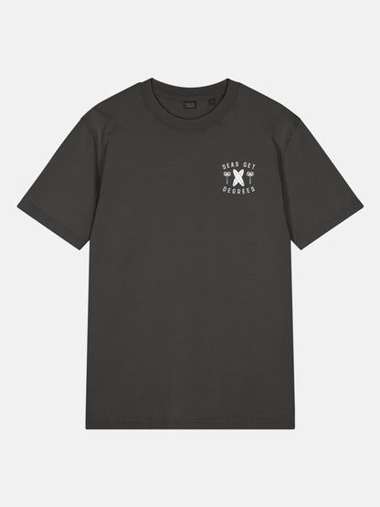 Retro Rider Tee front view in black rock — Seas Get Degrees coastal graphic tee