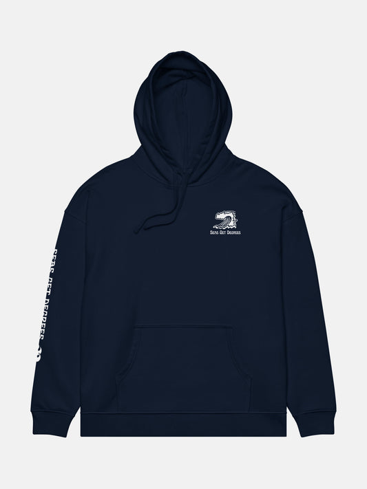 Ride the Tide Oversized Hoodie flat lay front in navy — Seas Get Degrees