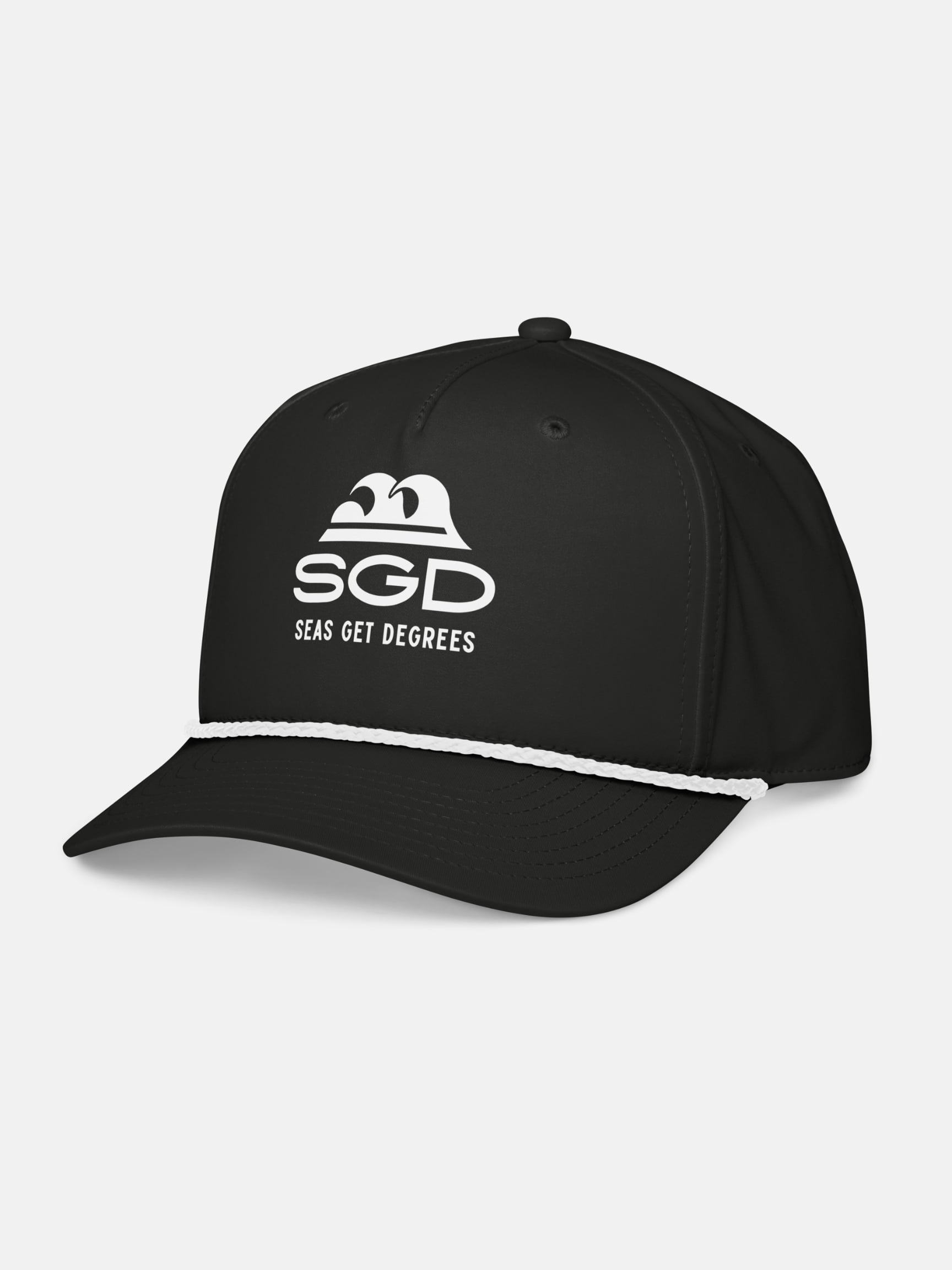Seas Get Degrees Rope Hat front left view in black and white — Seas Get Degrees coastal hat