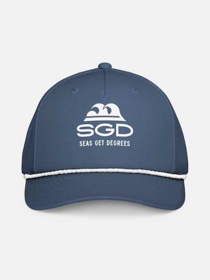 Seas Get Degrees Rope Hat front view in light blue and white — Seas Get Degrees coastal hat
