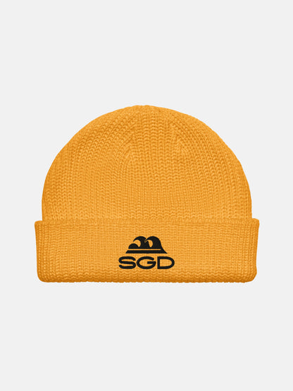 SGD Fisherman Beanie front view in gold — Seas Get Degrees coastal beanie