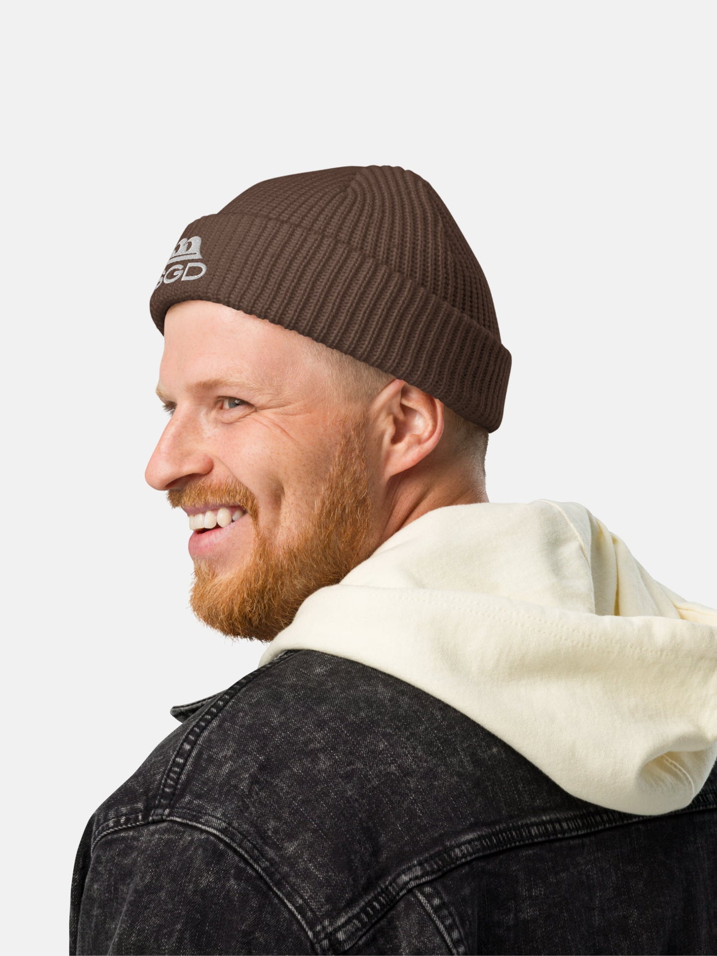 Model wearing SGD Fisherman Beanie in walnut — Seas Get Degrees coastal beanie
