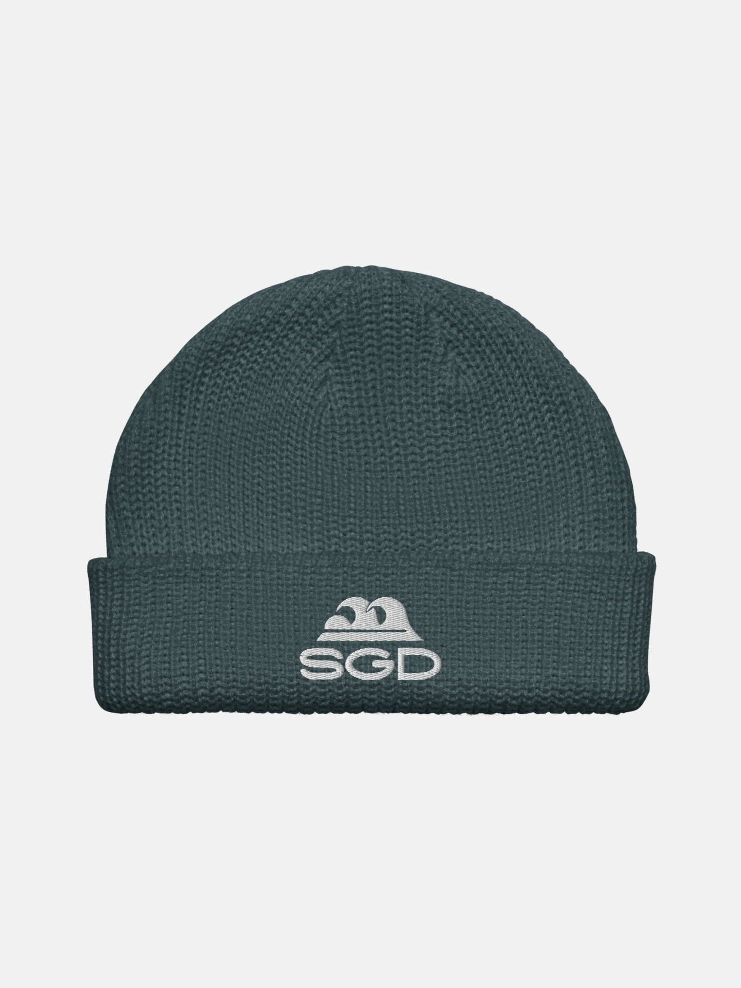 SGD Fisherman Beanie front view in petrol blue — Seas Get Degrees coastal beanie