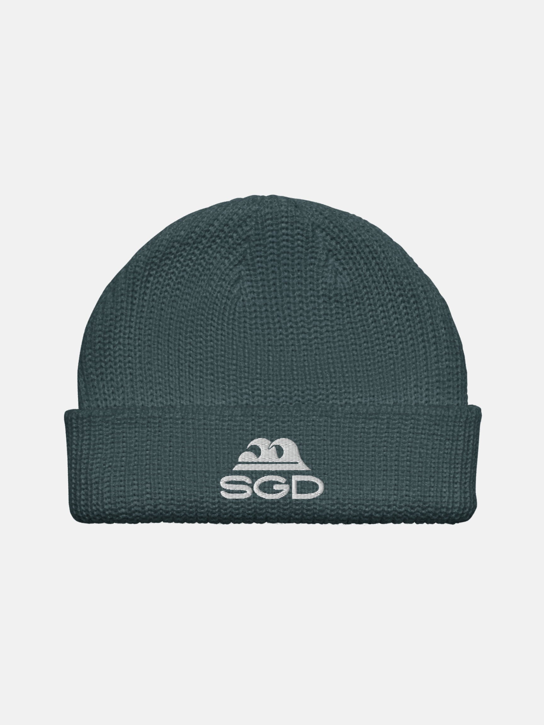 SGD Fisherman Beanie front view in petrol blue — Seas Get Degrees coastal beanie