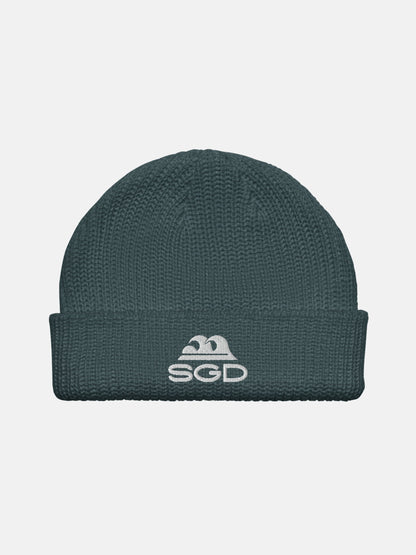 SGD Fisherman Beanie front view in petrol blue — Seas Get Degrees coastal beanie