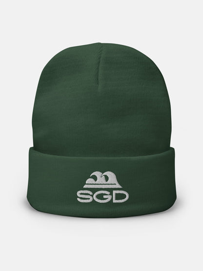 SGD Knit Beanie front view in green — Seas Get Degrees coastal beanie