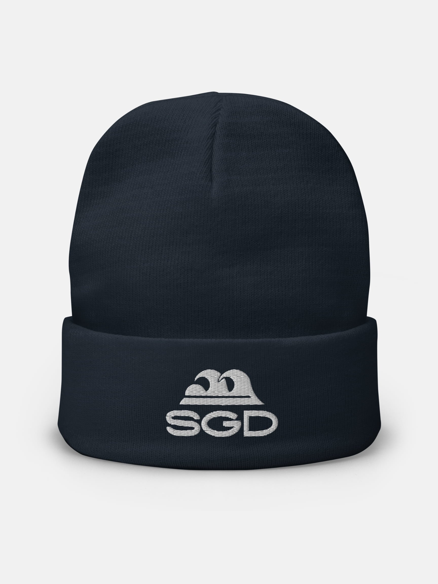 SGD Knit Beanie front view in navy — Seas Get Degrees coastal beanie