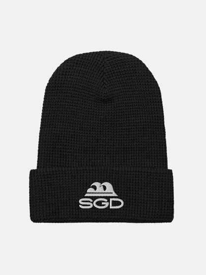 SGD Waffle Beanie front view in black — Seas Get Degrees coastal beanie