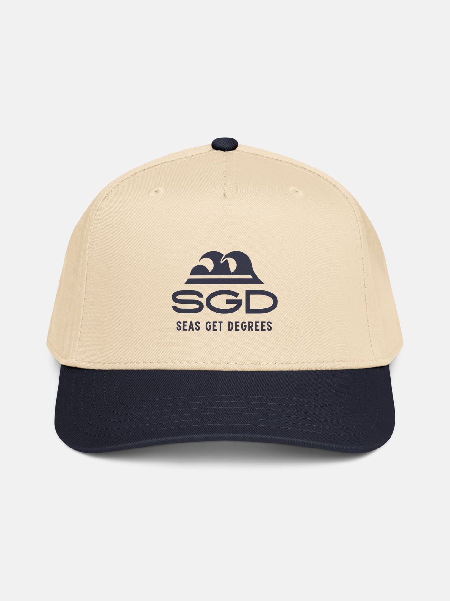Seas Get Degrees Snapback front view in navy and natural — Seas Get Degrees coastal hat