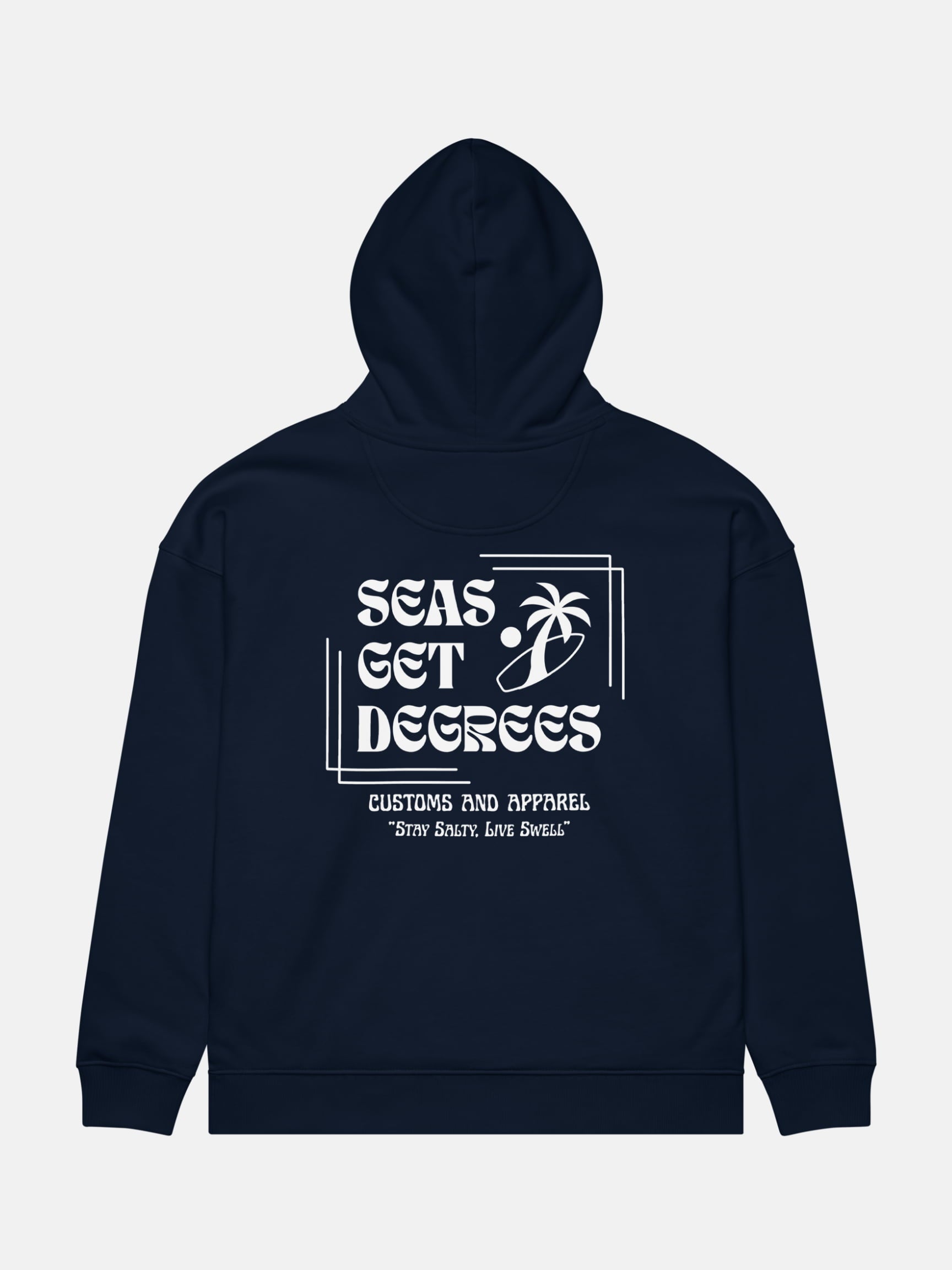 Stay Salty Oversized Hoodie flat lay back in french navy — Seas Get Degrees