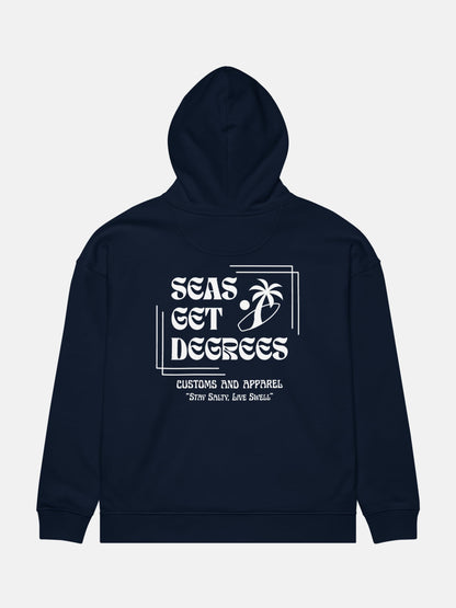 Stay Salty Oversized Hoodie flat lay back in french navy — Seas Get Degrees