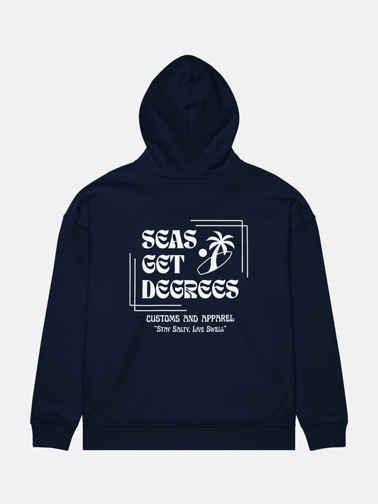 Stay Salty Oversized Hoodie flat lay back in french navy — Seas Get Degrees