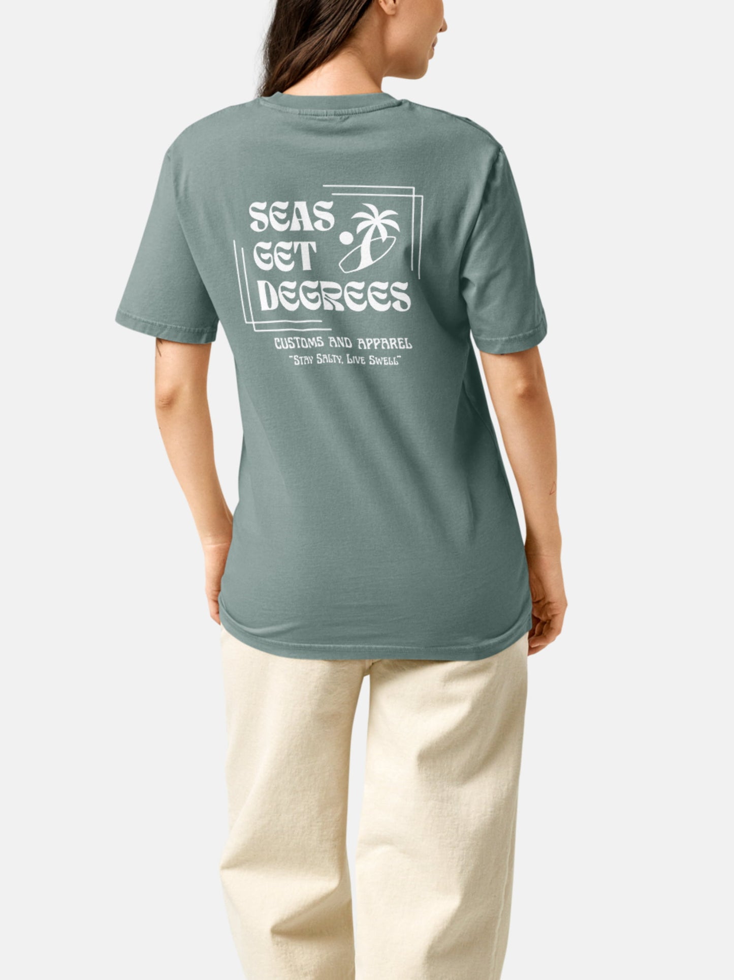 Model wearing Stay Salty Tee back in green bay — Seas Get Degrees women's coastal tee