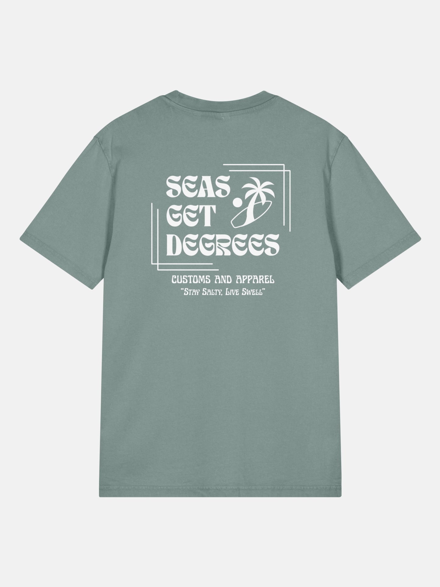 Stay Salty Tee back view in green bay — Seas Get Degrees coastal graphic tee
