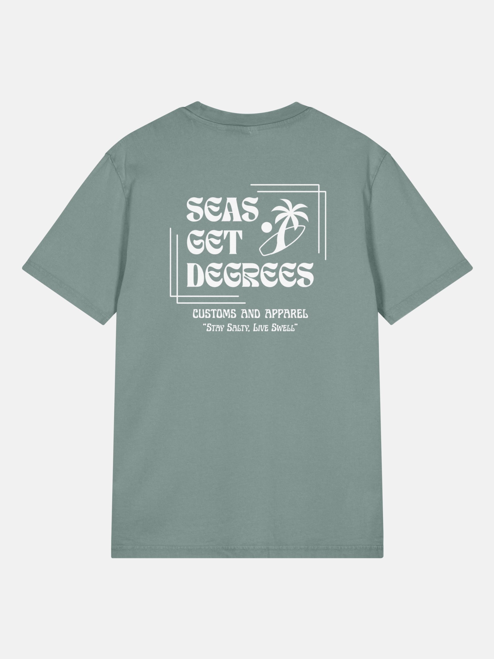 Stay Salty Tee back view in green bay — Seas Get Degrees coastal graphic tee