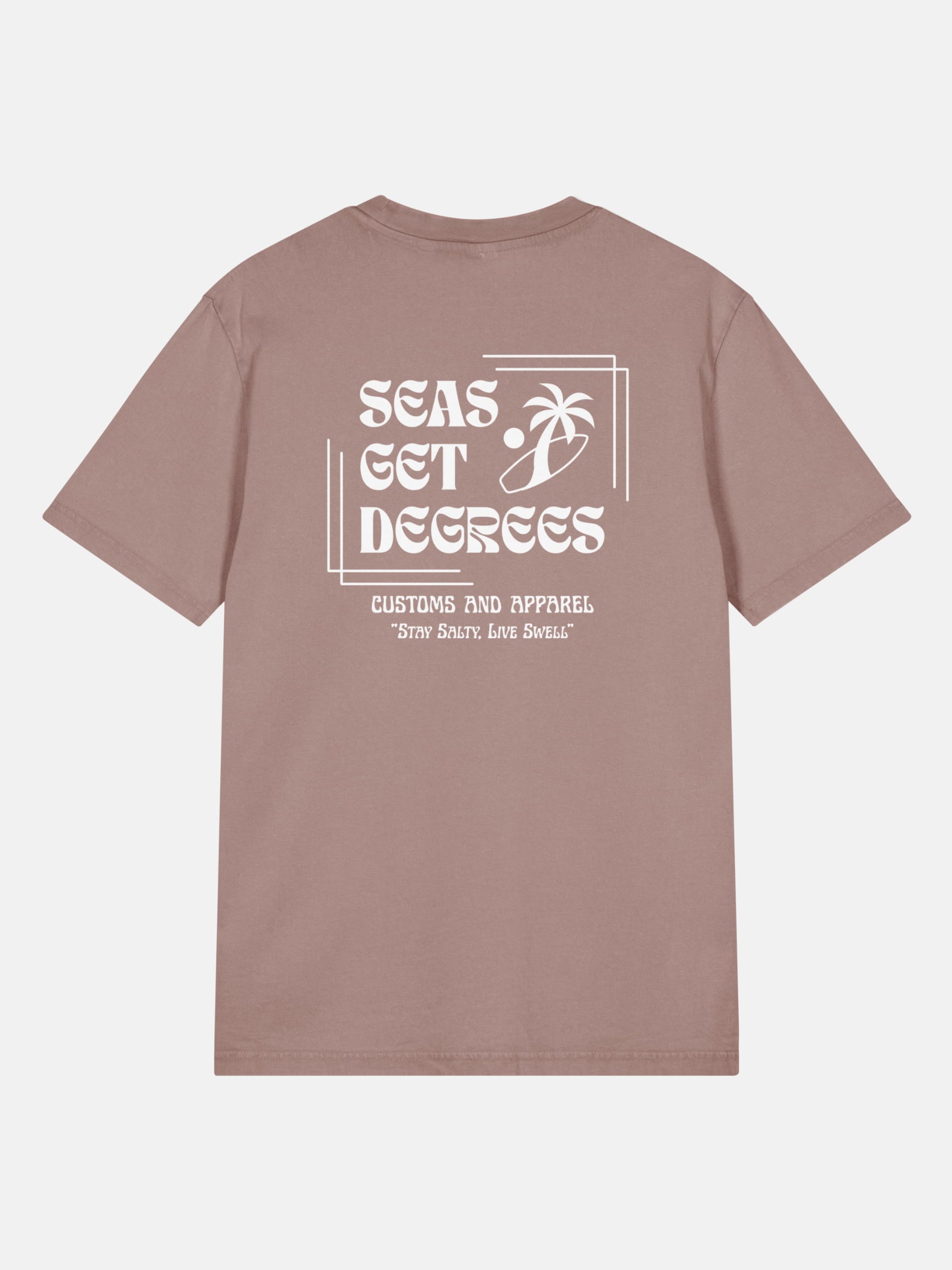 Stay Salty Tee back view in kaffa coffee — Seas Get Degrees coastal graphic tee