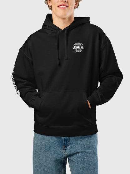 Model wearing Sun and Shade Oversized Hoodie front in black — Seas Get Degrees men's coastal hoodie