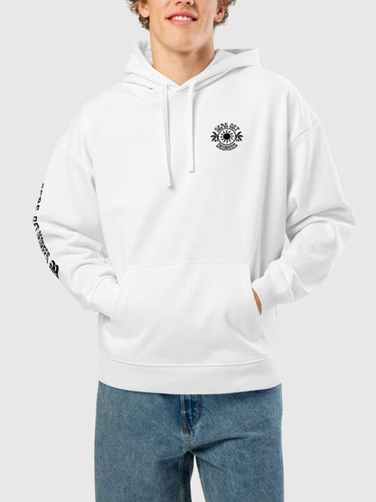 Model wearing Sun and Shade Oversized Hoodie front in white — Seas Get Degrees men's coastal hoodie