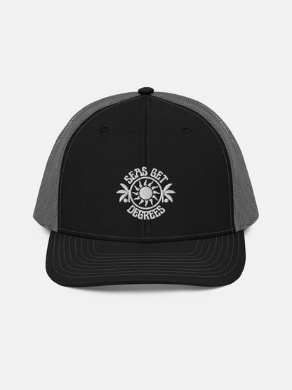 Sun and Shade Trucker Hat front view in black and charcoal — Seas Get Degrees coastal hat
