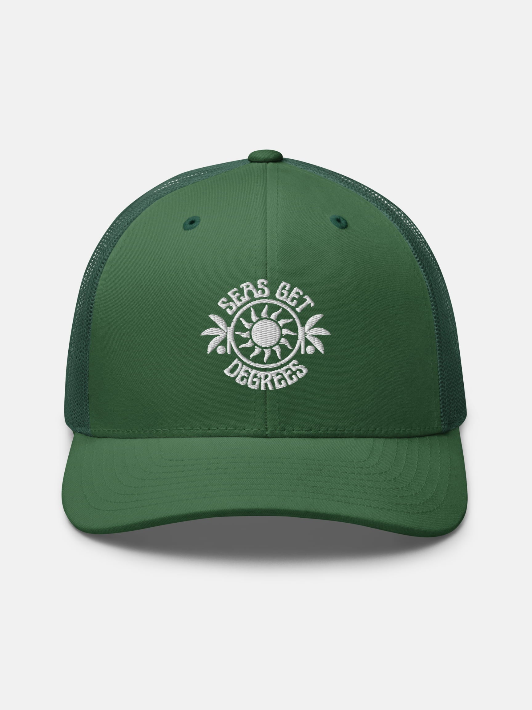 Sun and Shade Trucker Hat front view in evergreen — Seas Get Degrees coastal hat