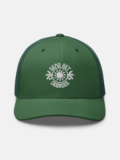 Sun and Shade Trucker Hat front view in evergreen — Seas Get Degrees coastal hat