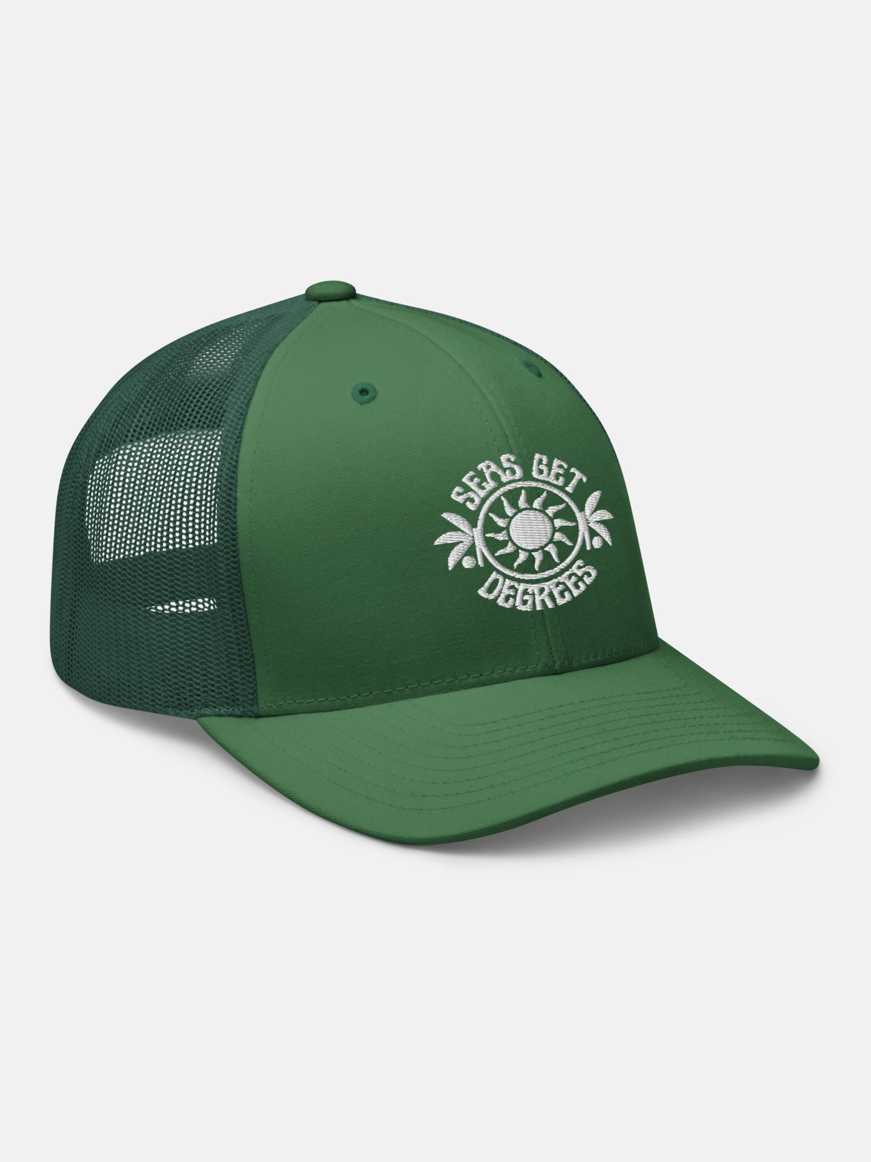 Sun and Shade Trucker Hat front right view in evergreen — Seas Get Degrees