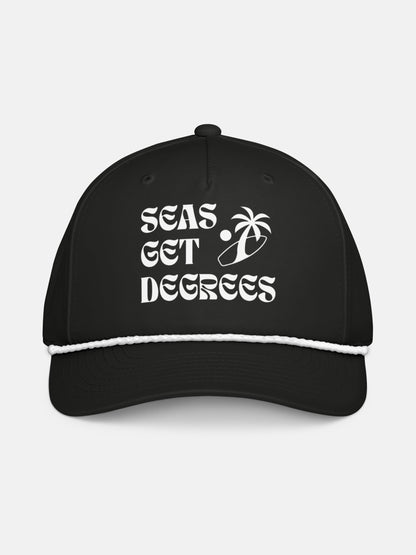 Surf'n Palm Tree Rope Hat front view in black and white — Seas Get Degrees coastal hat