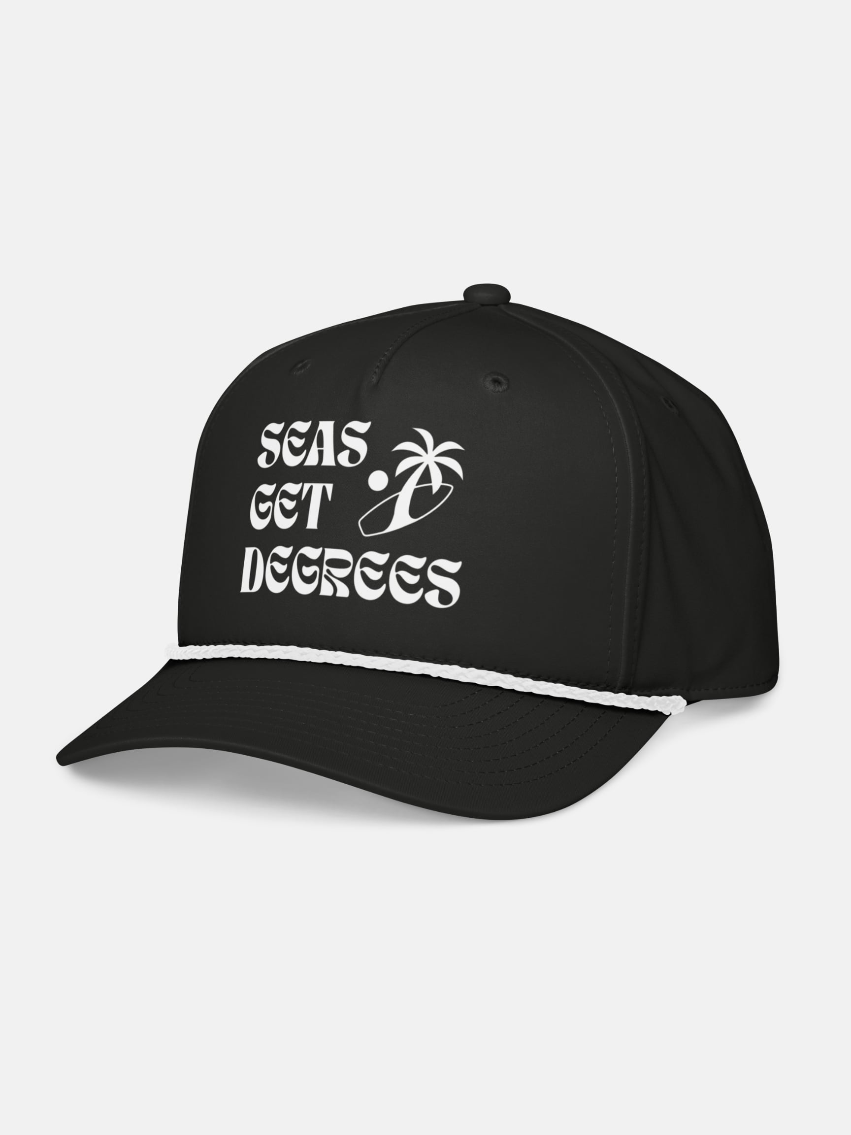 Surf'n Palm Tree Rope Hat front left view in black and white — Seas Get Degrees coastal hat