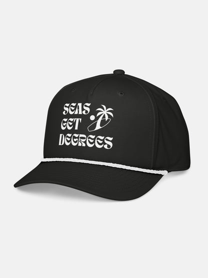 Surf'n Palm Tree Rope Hat front left view in black and white — Seas Get Degrees coastal hat