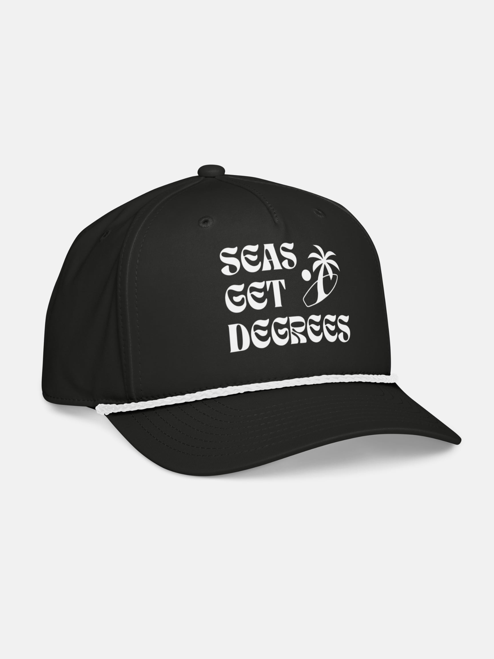 Surf'n Palm Tree Rope Hat front right view in black and white — Seas Get Degrees
