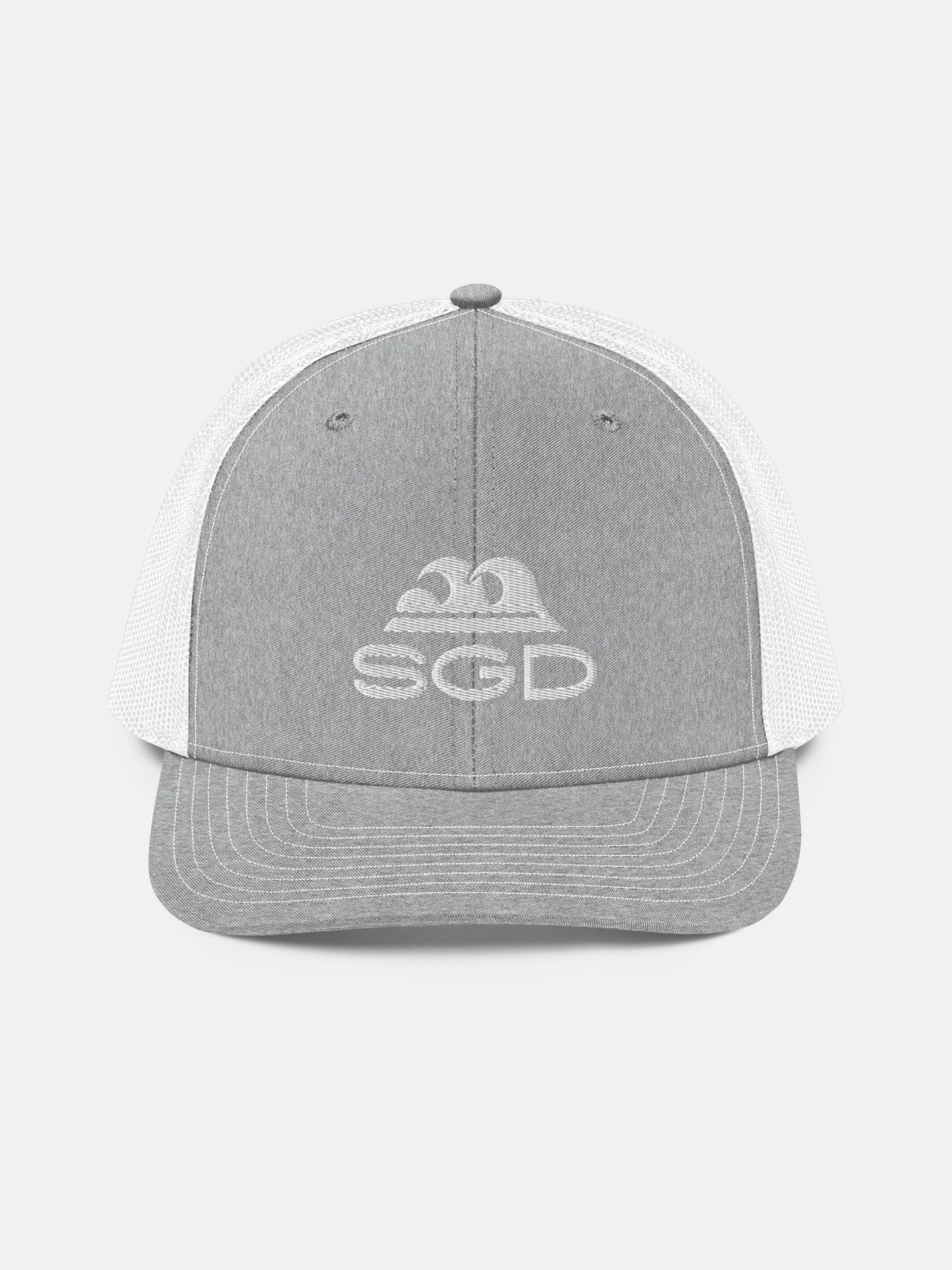 Swell SGD Trucker Hat front view in gray and white — Seas Get Degrees coastal hat
