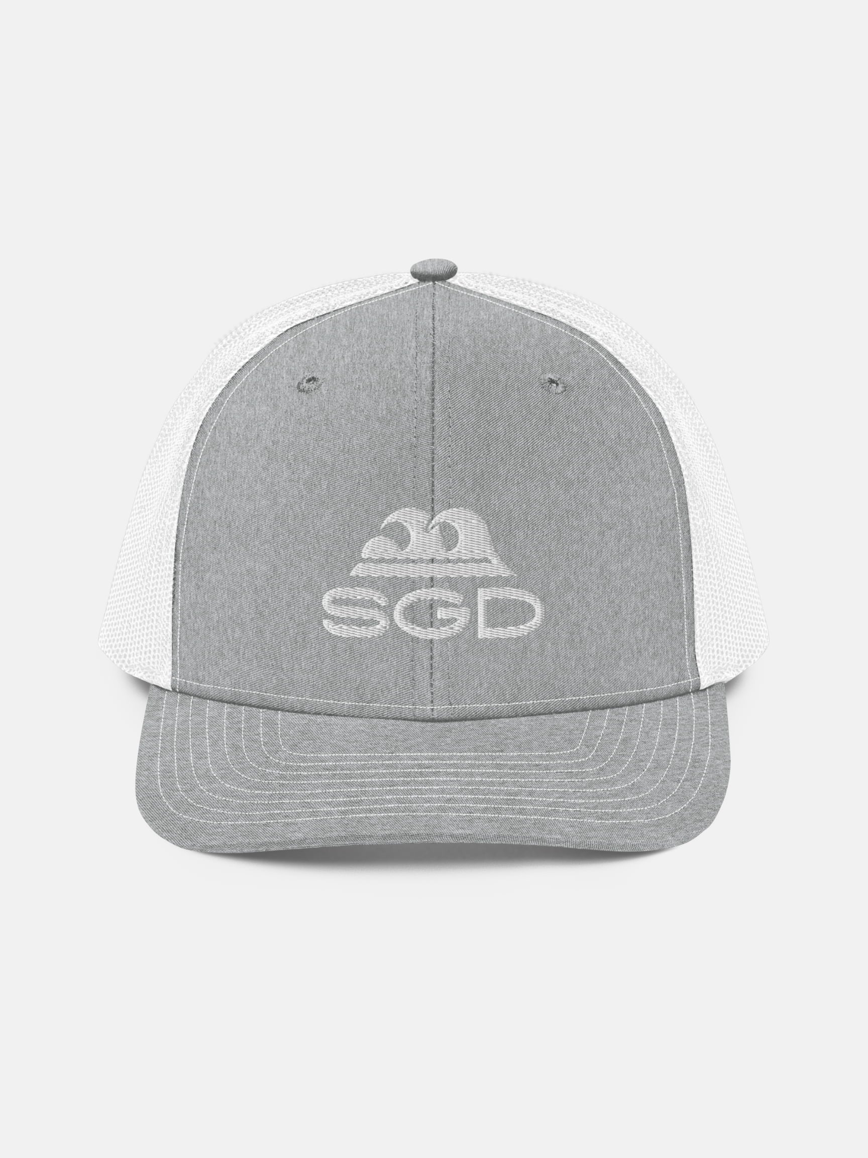 Swell SGD Trucker Hat front view in gray and white — Seas Get Degrees coastal hat