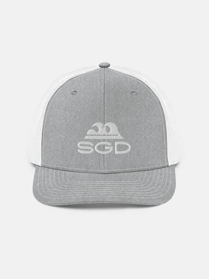Swell SGD Trucker Hat front view in gray and white — Seas Get Degrees coastal hat