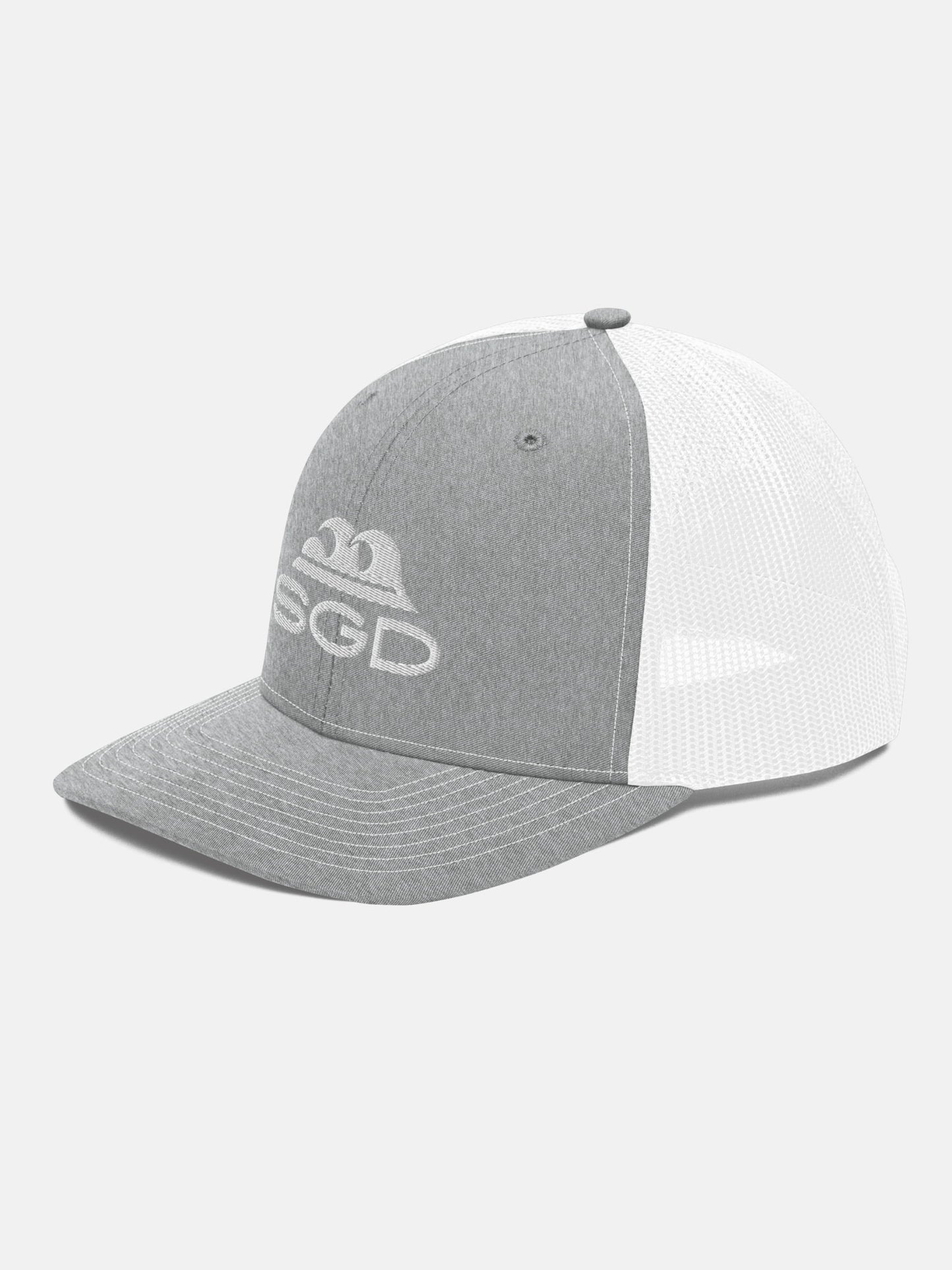 Swell SGD Trucker Hat front left view in gray and white — Seas Get Degrees