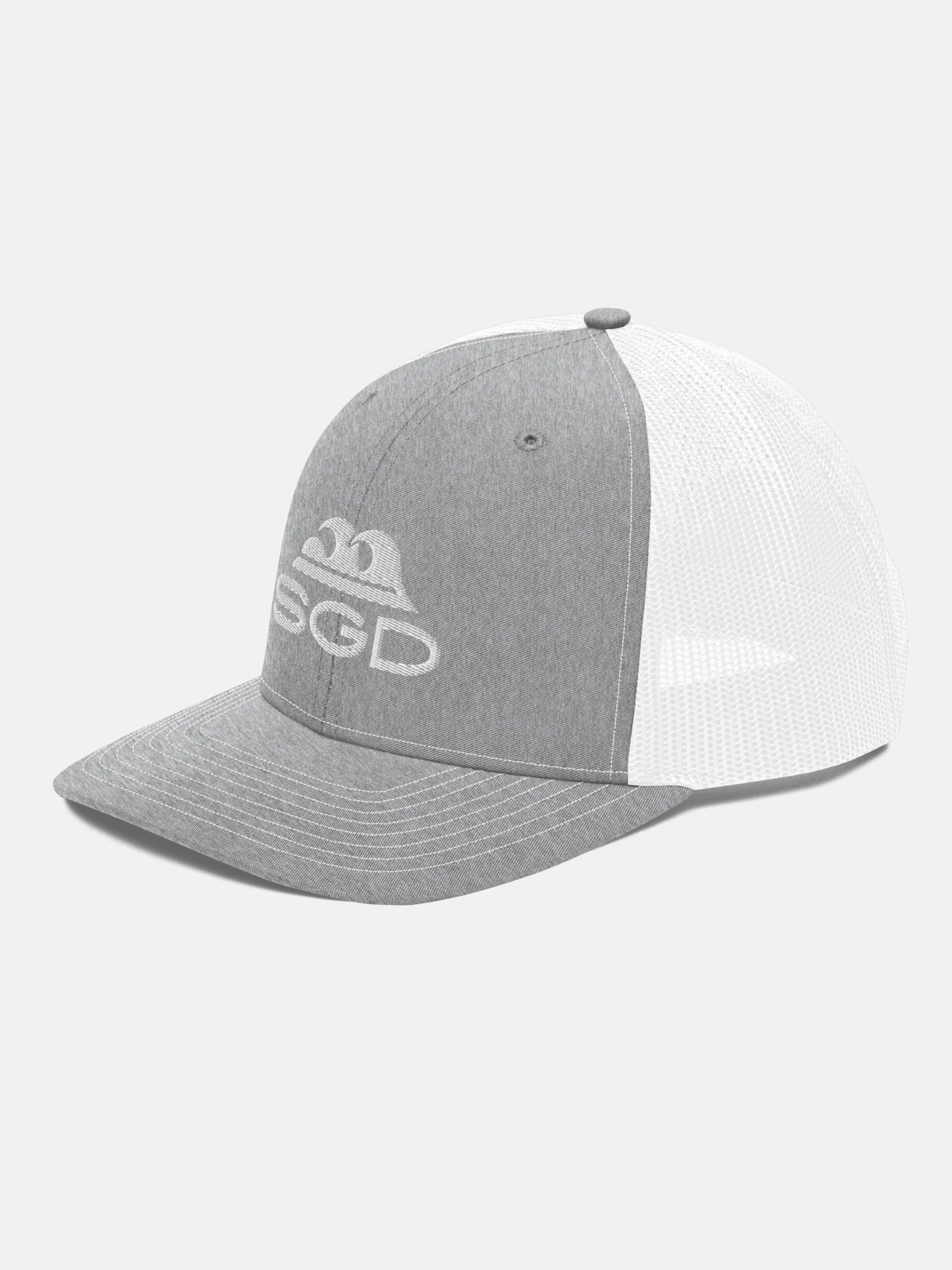 Swell SGD Trucker Hat front left view in gray and white — Seas Get Degrees