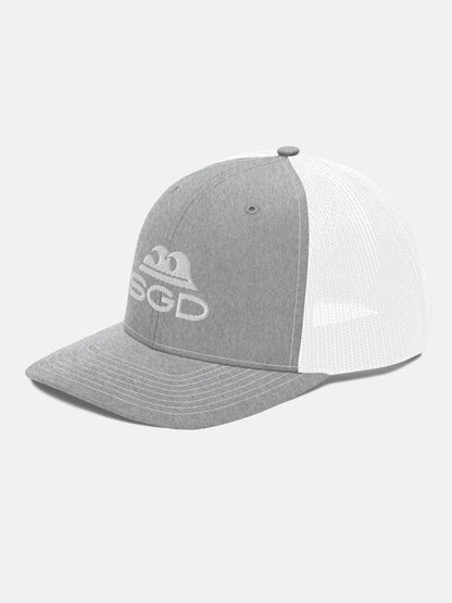 Swell SGD Trucker Hat front left view in gray and white — Seas Get Degrees