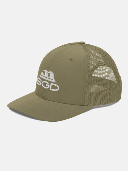 Swell SGD Trucker Hat front left view in loden — Seas Get Degrees coastal hat