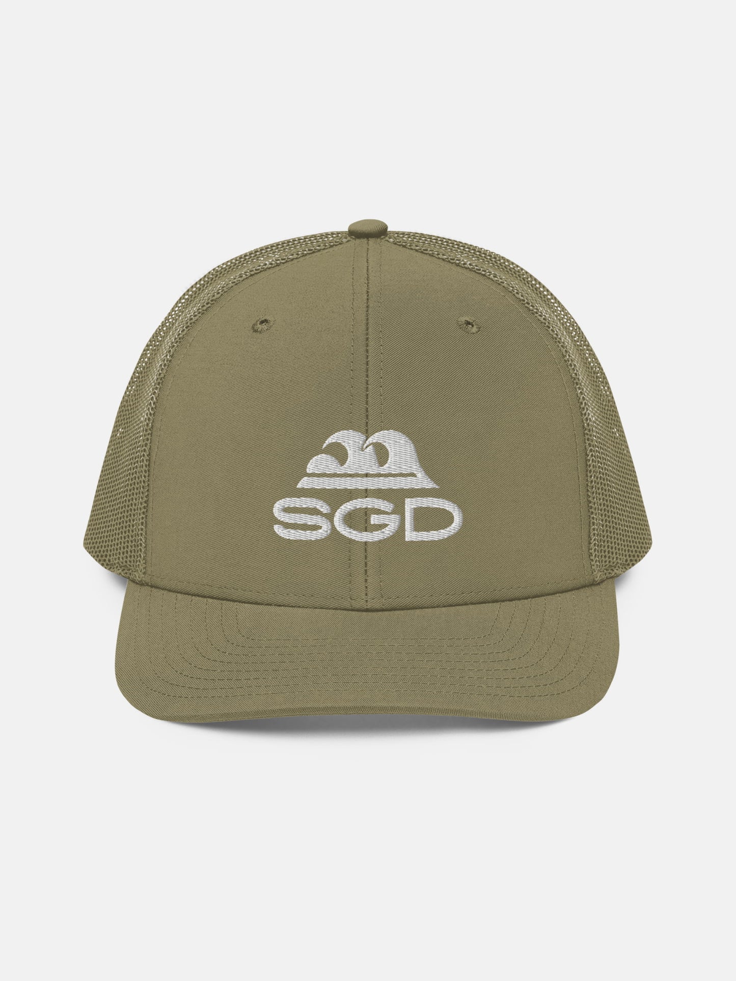 Swell SGD Trucker Hat front view in loden — Seas Get Degrees coastal hat