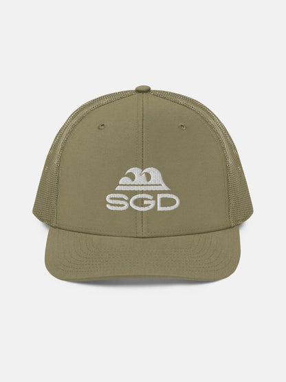 Swell SGD Trucker Hat front view in loden — Seas Get Degrees coastal hat
