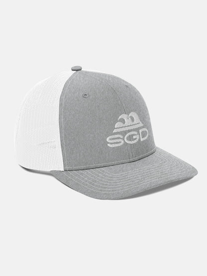 Swell SGD Trucker Hat front right view in gray and white — Seas Get Degrees