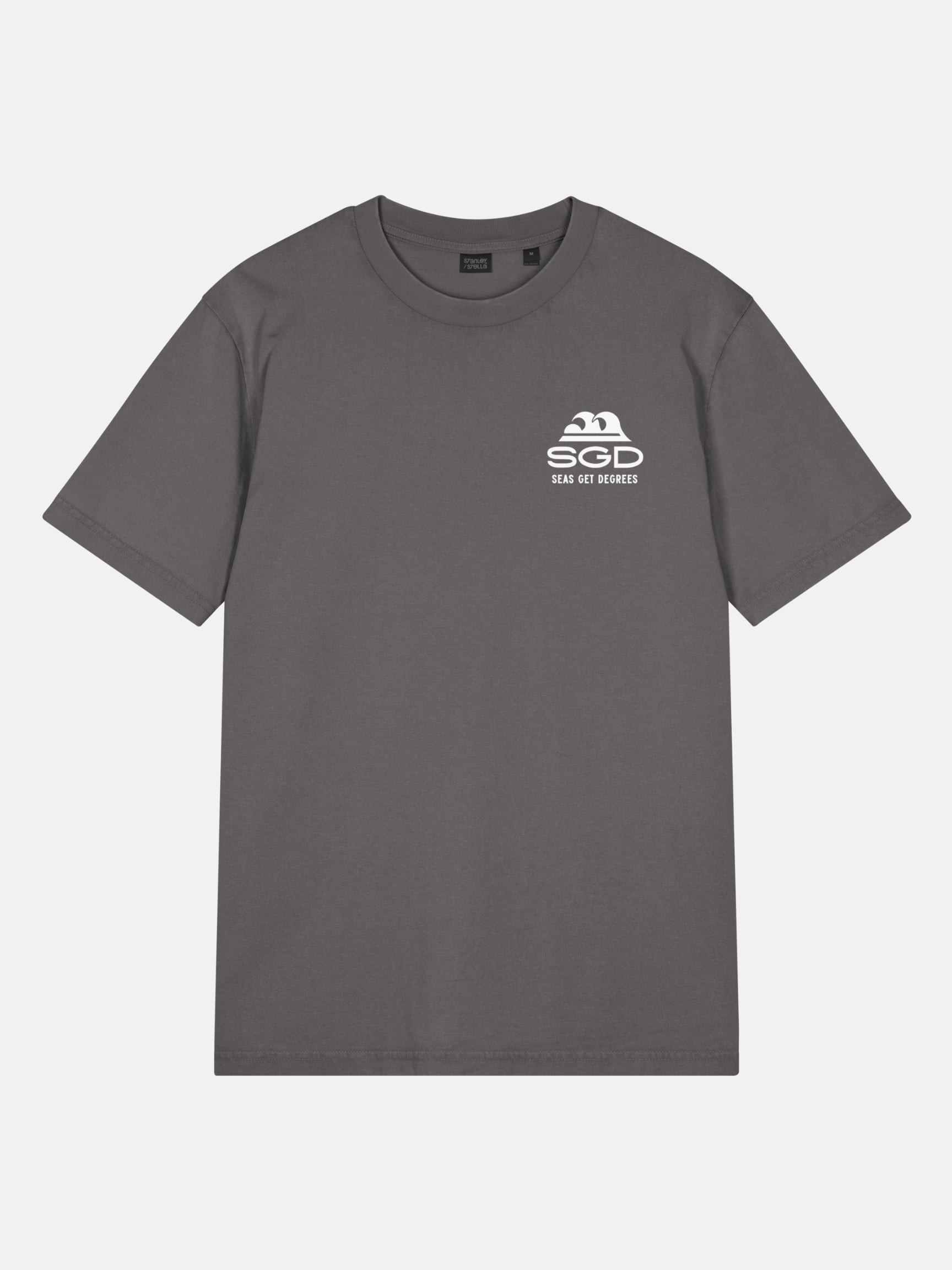Seas Get Degrees Tee front view in anthracite — Seas Get Degrees coastal graphic tee