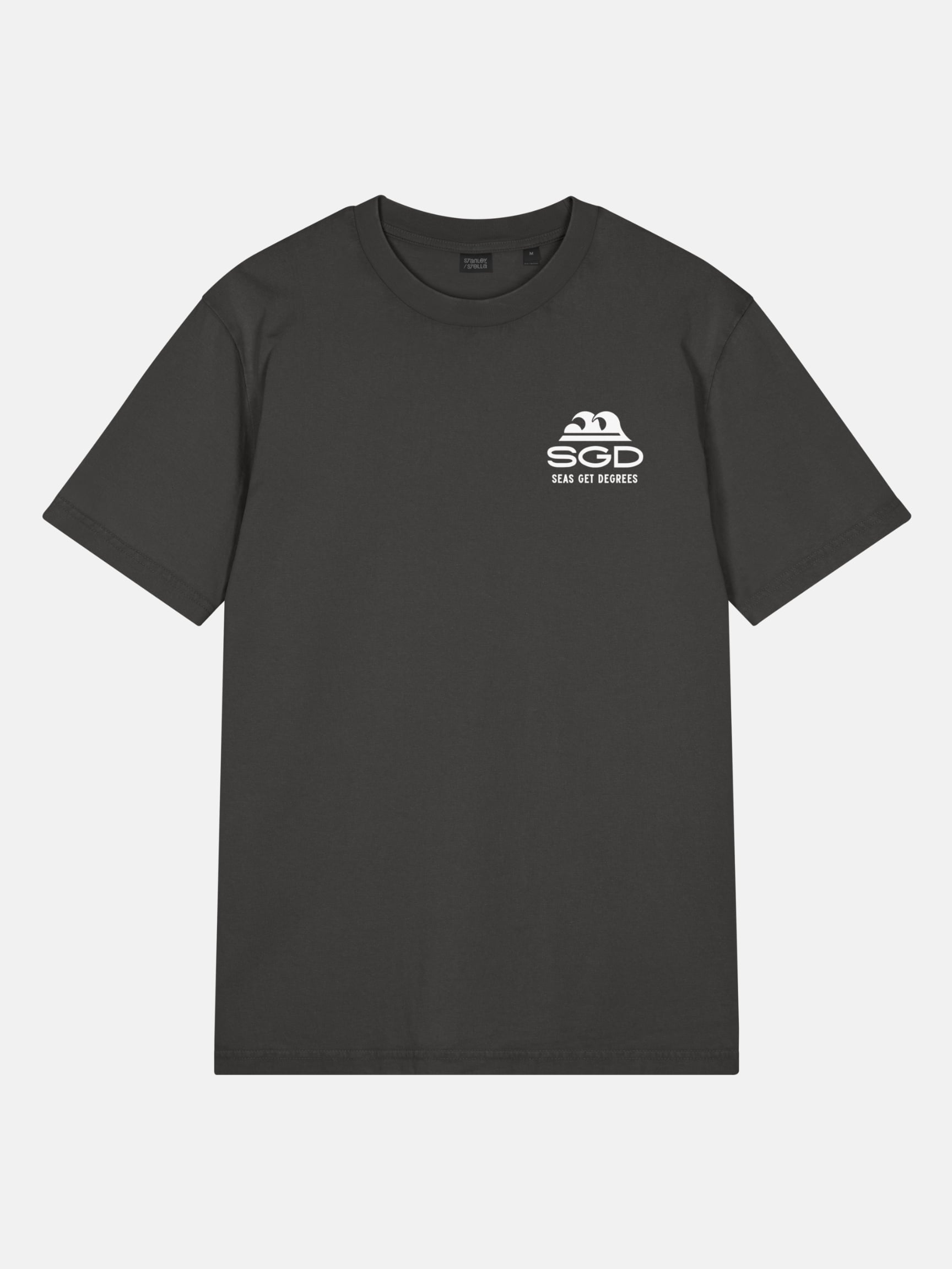 Seas Get Degrees Tee front view in black rock — Seas Get Degrees coastal graphic tee