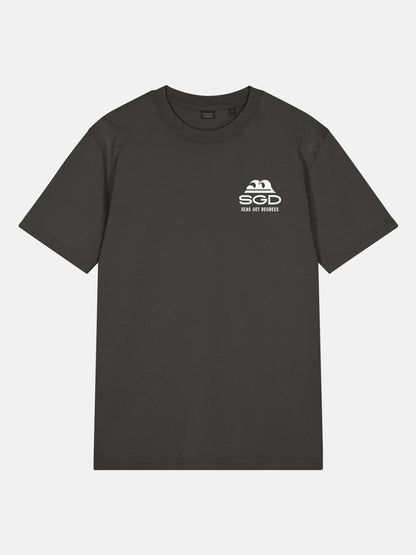 Seas Get Degrees Tee front view in black rock — Seas Get Degrees coastal graphic tee